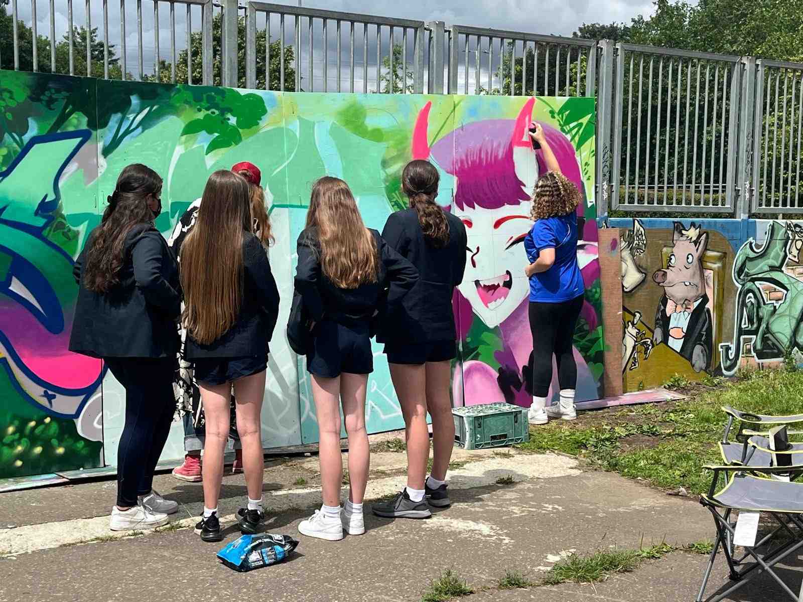 Make Space for Girls Girls doing graffiti art as part of a celebration of their work in Chelmsford Central Park